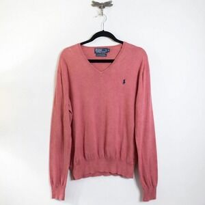 Polo Ralph Lauren Mens V-Neck Sweater Pink Salmon 100% Pima Cotton Medium M